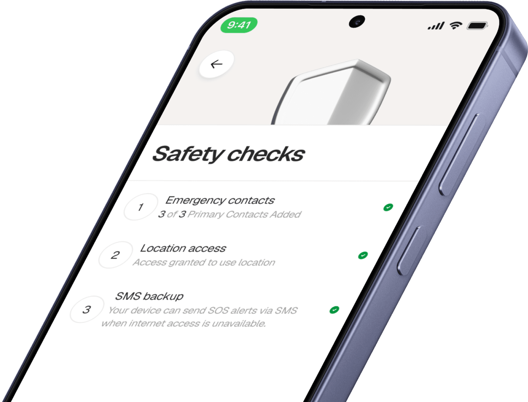 The SafeRide app's safety checks screen, with emergency contacts, location access and SMS backup all confirmed
